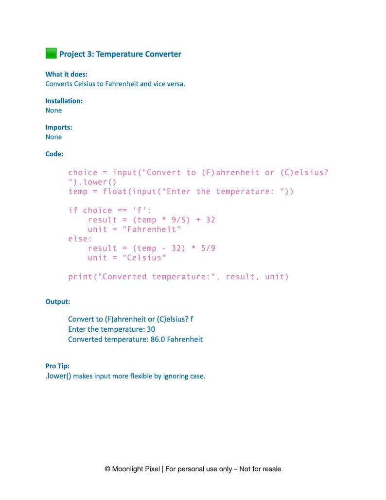 Może przedstawiać: Biała strona z tytułem "Project 3: Temperature Converter" i kodem Python do konwersji stopni Celsjusza na Fahrenheita i odwrotnie. Wynik pokazuje konwersję z 30 na 86,0 Fahrenheita.