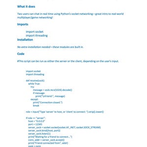 May include: A white page with the title "Project 17: Multiplayer Chat Game (Networked Console)". The text describes a multiplayer chat game using Python's socket networking. Code snippets and import statements are visible. The bottom of the page has the text "Moonlight Pixel | For personal use only - Not for resale".