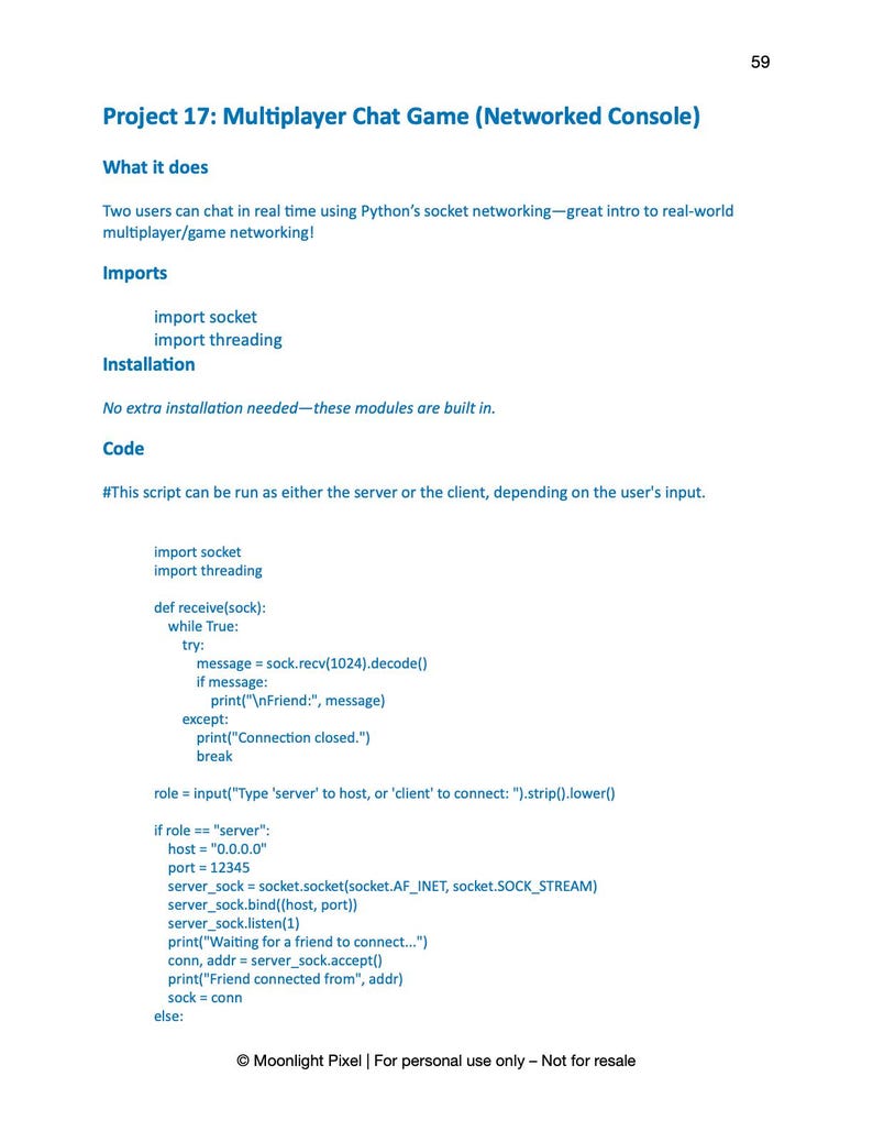 May include: A white page with the title "Project 17: Multiplayer Chat Game (Networked Console)". The text describes a multiplayer chat game using Python's socket networking. Code snippets and import statements are visible. The bottom of the page has the text "Moonlight Pixel | For personal use only - Not for resale".