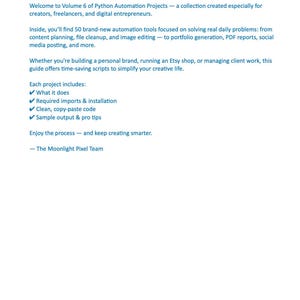 Peut inclure: Un document blanc avec du texte bleu. Il pr&eacute;sente le Volume 6 de Python Automation Projects, une collection d'outils d'automatisation pour cr&eacute;ateurs et freelances, avec planification de contenu et retouche d'images.