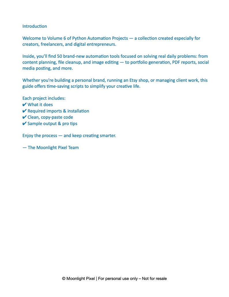 Peut inclure: Un document blanc avec du texte bleu. Il pr&eacute;sente le Volume 6 de Python Automation Projects, une collection d'outils d'automatisation pour cr&eacute;ateurs et freelances, avec planification de contenu et retouche d'images.