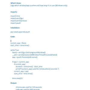 May include: A white page with the title "Project 4: Track Time Spent on Apps or Websites." The text describes a Python script to log app usage on Windows, including imports, installation instructions, and code examples. The output shows app usage times.