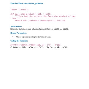 May include: A white page with black text detailing a Python function named 'cartesian_product'. The code includes import statements, function definitions, and example output. The text explains the function's purpose and parameters.