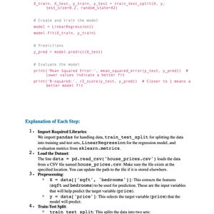 May include: A white document with black text detailing a Python code example for a machine learning model. The code includes steps for train-test split, model creation, predictions, and evaluation. The document also explains each step in detail.