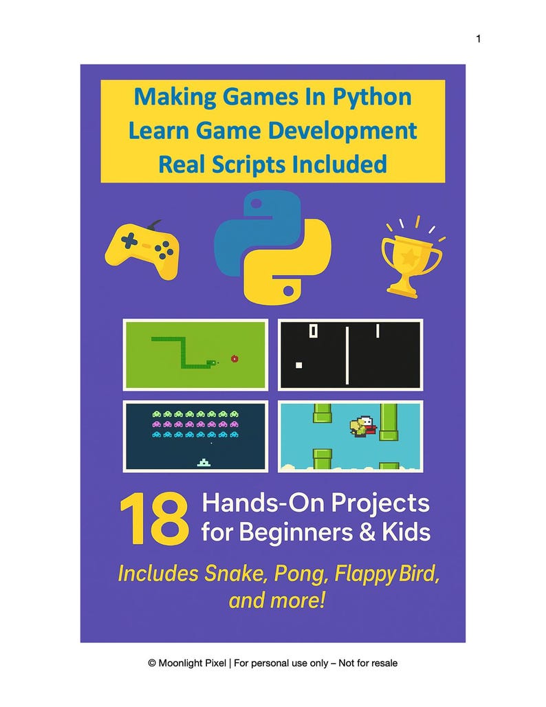 May include: A purple graphic with yellow text that reads "Making Games In Python" and "Learn Game Development." It includes illustrations of a game controller, a trophy, and retro video game scenes. The text "18 Hands-On Projects for Beginners & Kids" is also included.