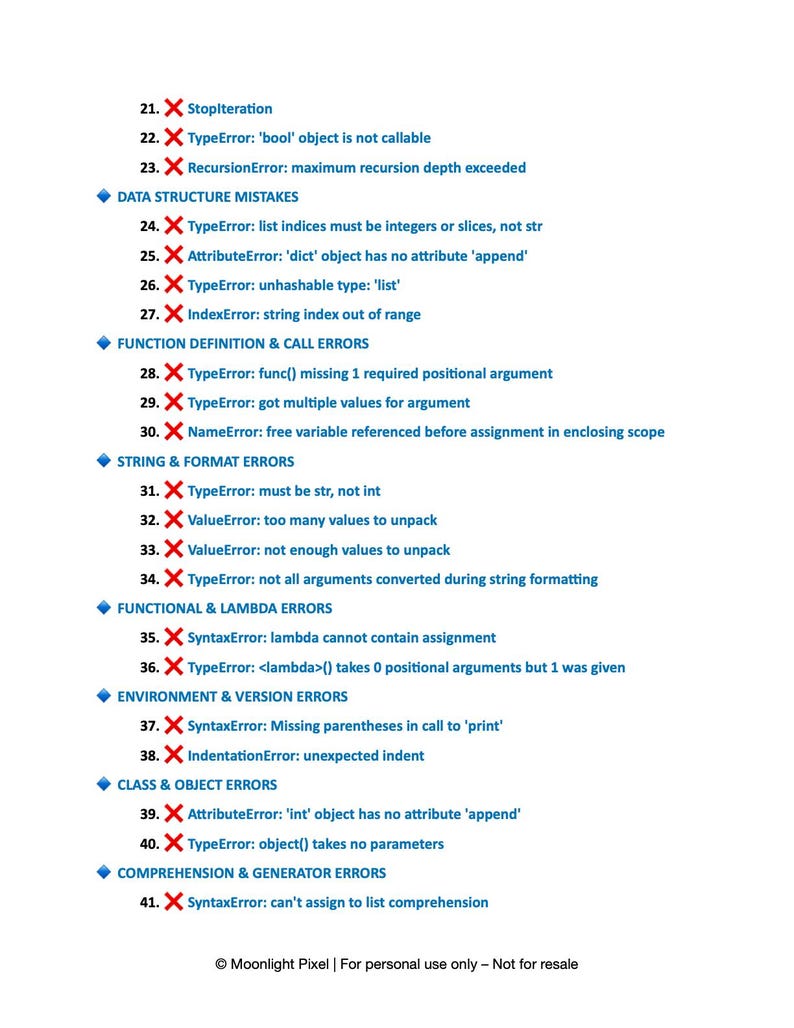 K&ouml;nnte beinhalten: Auf wei&szlig;em Hintergrund ist eine Liste von Python-Programmierfehlern mit einem roten "X" dargestellt. Kategorien sind Datenstrukturfehler, Funktionsdefinitionsfehler und String-Formatierungsfehler. Der Text "Moonlight Pixel" und ein Haftungsausschluss befinden sich unten.