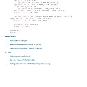 May include: A white page with black text detailing Python code for a game, including instructions for movement and collecting coins. The text includes "How it Works" and "Try This" sections. The page number is 61.