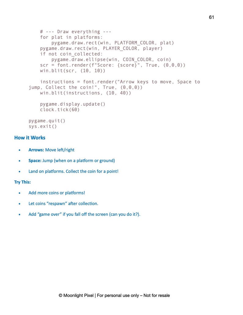 May include: A white page with black text detailing Python code for a game, including instructions for movement and collecting coins. The text includes "How it Works" and "Try This" sections. The page number is 61.