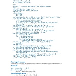 May include: A white page with Python code for a linear regression project, including functions for data generation, prediction, and training. The text includes "Plain-English overview" and "Core math" sections, with the Moonlight Pixel logo at the bottom.