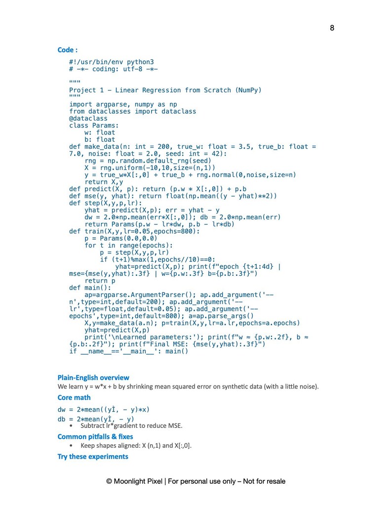 May include: A white page with Python code for a linear regression project, including functions for data generation, prediction, and training. The text includes "Plain-English overview" and "Core math" sections, with the Moonlight Pixel logo at the bottom.