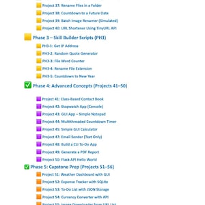Może przedstawiać: Biały dokument z listą projekt&oacute;w oprogramowania, podzielonych na fazy. Projekty obejmują narzędzia do śledzenia wydatk&oacute;w, zmiany nazw plik&oacute;w i aplikacje GUI. Tekst "Moonlight Pixel | For personal use only - Not for resale" znajduje się na dole.