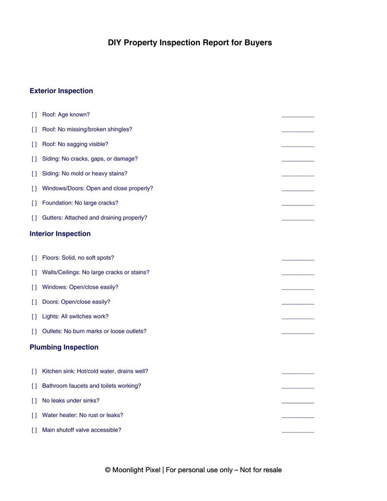 DIY Home Inspection Checklist: Printable Property Buyer's Guide (PDF ...