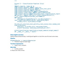 May include: A white page with black text detailing a Python project for classification using the Iris dataset. The text includes code snippets, import statements, and a plain-English overview of the pipeline.