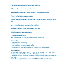 May include: A white page with the title "Project 3 - Tiny Sentiment (TF-IDF + Naive Bayes)" and bullet points explaining the project's plain idea, tools, and mental model. The page also includes a section on the Ultra-Beginner Booster and new words.
