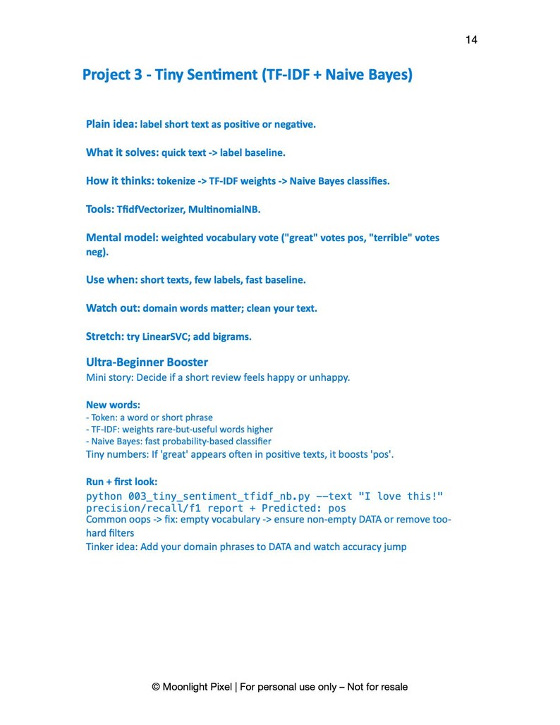 May include: A white page with the title "Project 3 - Tiny Sentiment (TF-IDF + Naive Bayes)" and bullet points explaining the project's plain idea, tools, and mental model. The page also includes a section on the Ultra-Beginner Booster and new words.
