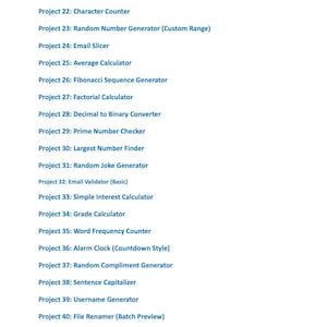 May include: A white background displays a list of software project titles in blue text. Titles include "To-Do List," "Character Counter," "Random Number Generator," and "Email Slicer." The text "Moonlight Pixel | For personal use only - Not for resale" is at the bottom.
