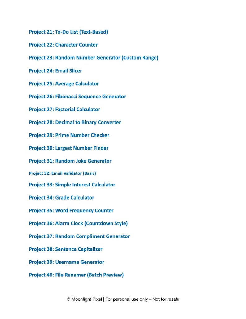 May include: A white background displays a list of software project titles in blue text. Titles include "To-Do List," "Character Counter," "Random Number Generator," and "Email Slicer." The text "Moonlight Pixel | For personal use only - Not for resale" is at the bottom.