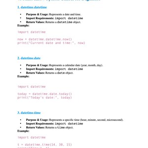 Puede incluir: Una p&aacute;gina blanca con el t&iacute;tulo "40 Must-Know Python Classes for Beginners" en azul. La p&aacute;gina contiene ejemplos de c&oacute;digo Python para funciones datetime, incluyendo datetime.datetime, datetime.date y datetime.time.