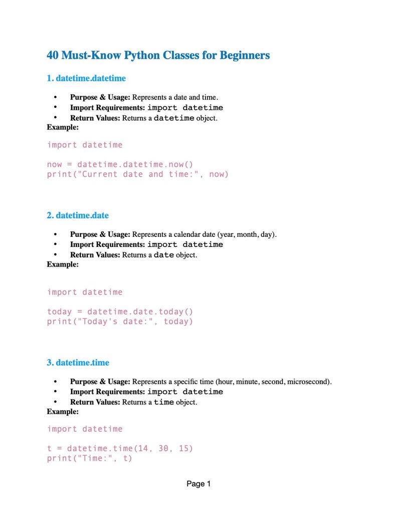 Puede incluir: Una p&aacute;gina blanca con el t&iacute;tulo "40 Must-Know Python Classes for Beginners" en azul. La p&aacute;gina contiene ejemplos de c&oacute;digo Python para funciones datetime, incluyendo datetime.datetime, datetime.date y datetime.time.