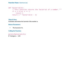 May include: A white page with blue and black text detailing a Python code example for a factorial function. The text includes the function name, code, and output. The example is titled "Intermediate Function Example".