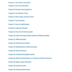 May include: A white document with a blue header that reads "Table Of Contents:". The document lists 20 projects, including Dice Roller Simulator, Coin Toss Simulator, and Countdown Timer. The text "Moonlight Pixel | For personal use only - Not for resale" is at the bottom.
