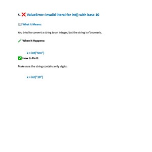 K&ouml;nnte beinhalten: Eine wei&szlig;e Seite mit Text, der einen Python ValueError erkl&auml;rt. Der Text enth&auml;lt die Fehlermeldung "invalid literal for int() with base 10", zusammen mit einer Erkl&auml;rung und einem Codebeispiel. Der untere Teil der Seite enth&auml;lt den Text "Moonlight Pixel | For personal use only - Not for resale."