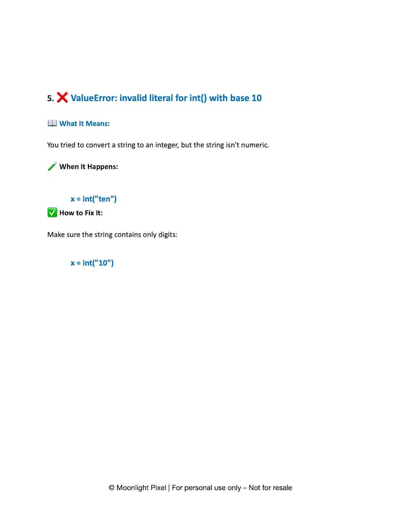 K&ouml;nnte beinhalten: Eine wei&szlig;e Seite mit Text, der einen Python ValueError erkl&auml;rt. Der Text enth&auml;lt die Fehlermeldung "invalid literal for int() with base 10", zusammen mit einer Erkl&auml;rung und einem Codebeispiel. Der untere Teil der Seite enth&auml;lt den Text "Moonlight Pixel | For personal use only - Not for resale."