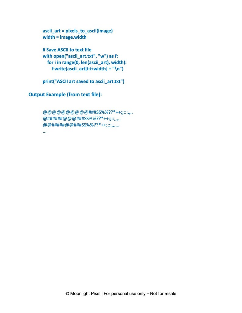 May include: A white background with blue text detailing a process for converting pixels to ASCII art. The text includes code snippets and an example output. The bottom of the image has a copyright notice.