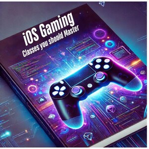 Puede incluir: Una portada de libro con un mando de videojuegos negro y azul sobre un fondo colorido. El título del libro es "iOS Gaming" y el subtítulo es "Clases que deberías dominar".