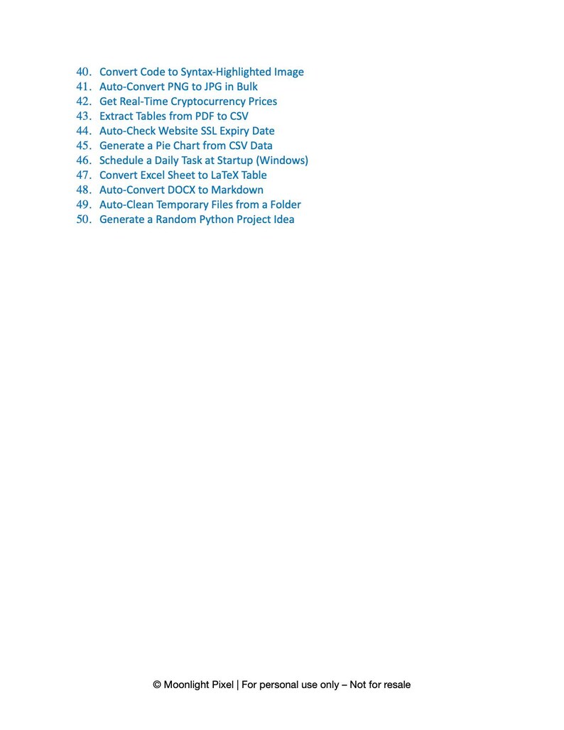 May include: A white background with a list of numbered software-related tasks in a sans-serif font. The tasks include converting code, images, and documents, as well as generating charts and checking website data. The text "Moonlight Pixel | For personal use only - Not for resale" is at the bottom.