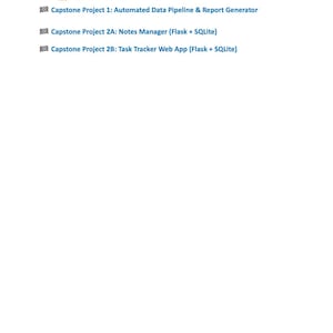 Może przedstawiać: Białe tło z tekstem opisującym projekty oprogramowania. Tekst zawiera "Project 56: Email Report Sender with Attachment", "Capstone Project 1: Automated Data Pipeline & Report Generator" i inne tytuły projekt&oacute;w.