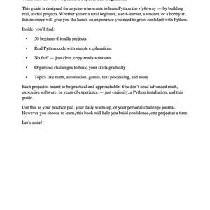 May include: A white book cover with the title "50+ Python Projects for Beginners" in black text. The text describes the book's contents, including beginner-friendly projects and Python code with explanations. The book is designed for those learning Python.