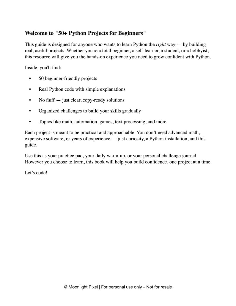 May include: A white book cover with the title "50+ Python Projects for Beginners" in black text. The text describes the book's contents, including beginner-friendly projects and Python code with explanations. The book is designed for those learning Python.