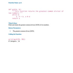 May include: A white page with the title "8. Intermediate Function Example" and the function name "gcd". The page contains Python code defining a function to calculate the greatest common divisor (GCD) of two numbers, along with its output.