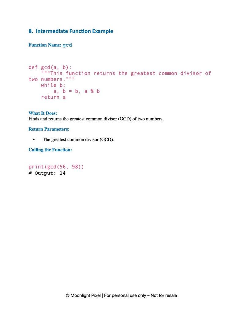 May include: A white page with the title "8. Intermediate Function Example" and the function name "gcd". The page contains Python code defining a function to calculate the greatest common divisor (GCD) of two numbers, along with its output.