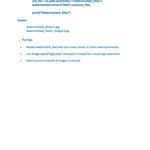 Peut inclure: Un document blanc avec du texte noir d&eacute;taillant le filigrane d'image &agrave; l'aide du code Python. Le texte comprend des instructions, des noms de fichiers et des &laquo;&nbsp;Conseils Pro&nbsp;&raquo; pour la personnalisation. Le bas du document comporte un avis de droit d'auteur.