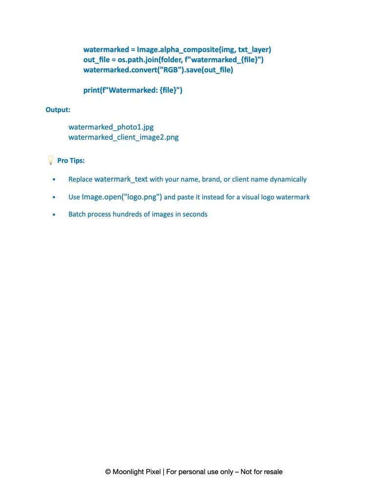 Peut inclure: Un document blanc avec du texte noir d&eacute;taillant le filigrane d'image &agrave; l'aide du code Python. Le texte comprend des instructions, des noms de fichiers et des &laquo;&nbsp;Conseils Pro&nbsp;&raquo; pour la personnalisation. Le bas du document comporte un avis de droit d'auteur.