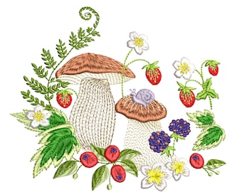 Forest White Mushrooms Machine Embroidery Design, Instant Download Zip - 5 Sizes