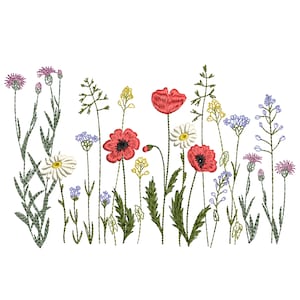 Fairy Wildflower Garden Machine Embroidery Design, Floral Meadow Flower Poppy Daisy Instant Download Zip - 8 Sizes