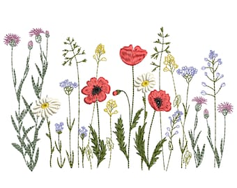 May include: An embroidered design featuring a vibrant wildflower meadow. The design showcases red poppies, white daisies, yellow and purple wildflowers, and green foliage against a white background. The embroidery style gives a textured, handcrafted appearance.