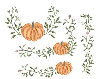 Thanksgiving Pumpkin Border  and Wreath Machine Embroidery Design Bundle, Instant Download Zip - 5 Sizes