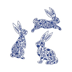 3 Easter Flower Bunny Machine Embroidery Designs, Chinoiserie Floral Blue Instant Download Zip - 7 Sizes