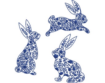 3 Easter Flower Bunny Machine Embroidery Designs, Chinoiserie Floral Blue Instant Download Zip - 7 Sizes