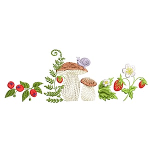 Forest White Mushrooms Border Machine Embroidery Design, Instant Download Zip - 6 Sizes