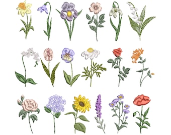 Puede incluir: Una colección de 18 diseños de flores bordadas, que incluyen un girasol, una margarita, una amapola, un iris y mucho más. Las flores son todas de diferentes colores y estilos, y son perfectas para agregar un toque de naturaleza a cualquier proyecto.