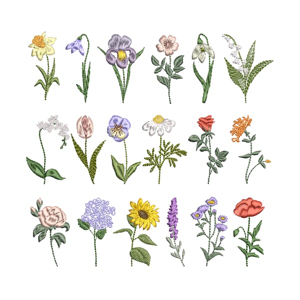18 kleine Blumen Maschinenstickerei Designs, Mini Floral Botanischer Wildblumengarten Muster Instant Download Zip - 5 Größen