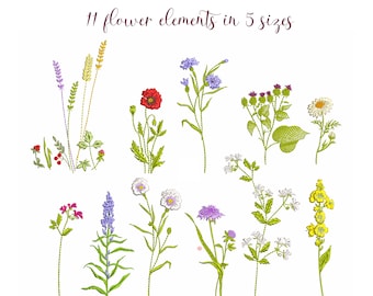May include: 11 embroidered flower elements in 5 different sizes. The flowers are in various colors, including red, yellow, white, purple, and blue. The flowers are arranged in a row, with the largest flower in the center.