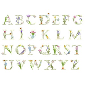 Paquete de diseño de bordado de máquina de alfabeto de jardín de flores, letra de guión de fuente de monograma floral - 5 tamaños
