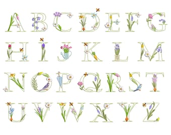 Flower Garden Alphabet Machine Embroidery Design Package, Floral Monogram Font Script Letter - 5 Sizes