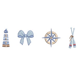 May include: Embroidered nautical-themed designs on a white background. The designs include a lighthouse, a bow, a compass, and crossed oars. The lighthouse is blue, tan, and white. The bow is light blue. The compass is blue and tan. The oars are blue, red, and white.